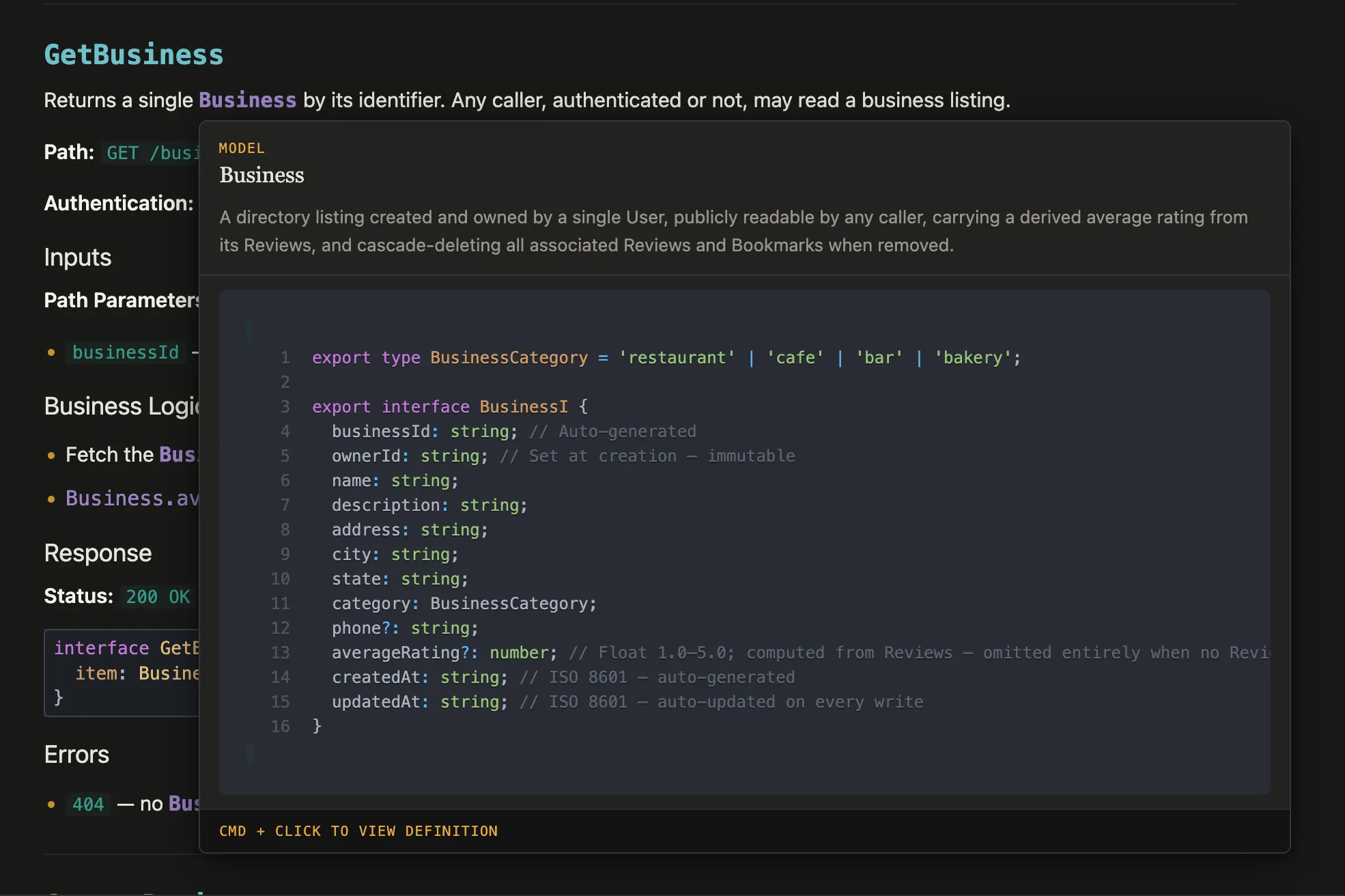 Hover over a Resource name to see its type definition